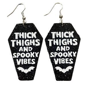 “Thick Thighs and Spooky Vibes” Acrylic Earrings Goth Halloween Black & White